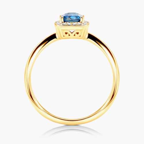 Pierścionek zaręczynowy SAVICKI: żółte złoto, niebieski szafir, diamenty